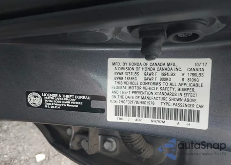 2018 Honda Civic Ex z USA, uszkodzony, nr VIN 2HGFC2F78JH501976